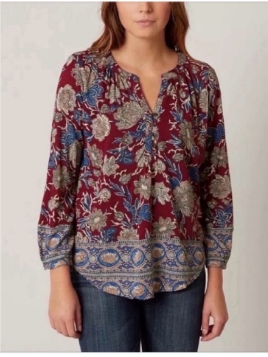 Lucky Brand Tops - Lucky Brand henley shirt burgundy red floral blue paisley boho split neck